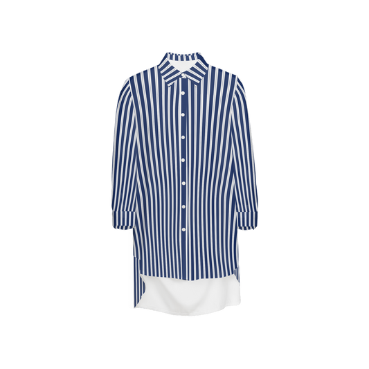 Women's High-Low Long-Sleeve Shirt – Silky Elegance with Navy Classic Stripes