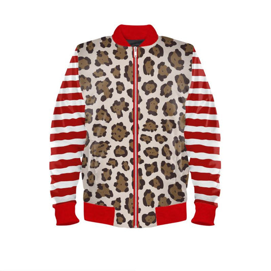 Leopard Print Women's Bomber Jacket with Red Striped Sleeves