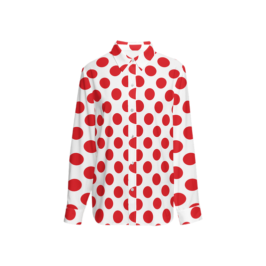 Classic Long Sleeve Button-Up Shirt – Bold Red Dots, Silky-Like Elegance