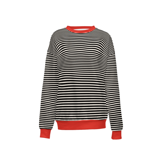 Black & White Striped Relaxed Crewneck Sweatshirt with Red Trim