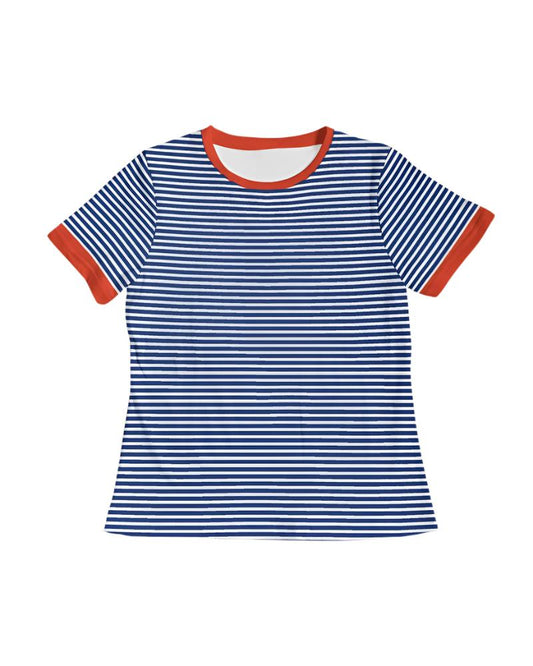 Women's Navy Striped T-Shirt with Red Collar Detail